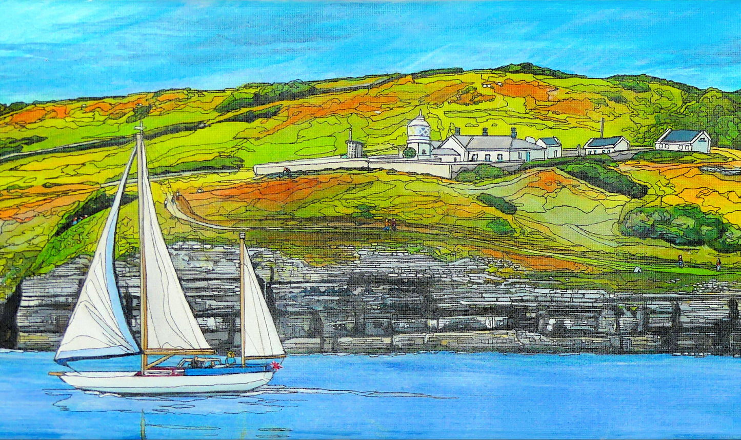 Image of a Small Art Print featuring a copy of the painting 'Anvil Point Lighthouse' by Nick Dale. The print depicts the part of the original painting showing the Anvil Point Lighthouse at Durlston Country Park, Swanage. Based on the view from the paddle-steamer Waverley.