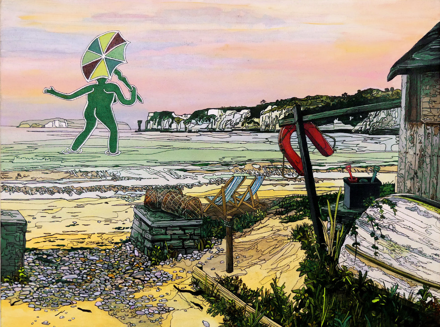 Picture of the original painting 'Mrs Cerne Abbas Giant Visits Studland'. The painting imagines the Cerne Abbas Giant's wife visiting the seaside at Studland Beach; with Old Harry Rocks and the Isle of Wight in the distance.