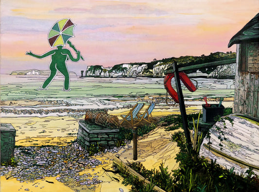 Picture of the original painting 'Mrs Cerne Abbas Giant Visits Studland'. The painting imagines the Cerne Abbas Giant's wife visiting the seaside at Studland Beach; with Old Harry Rocks and the Isle of Wight in the distance.
