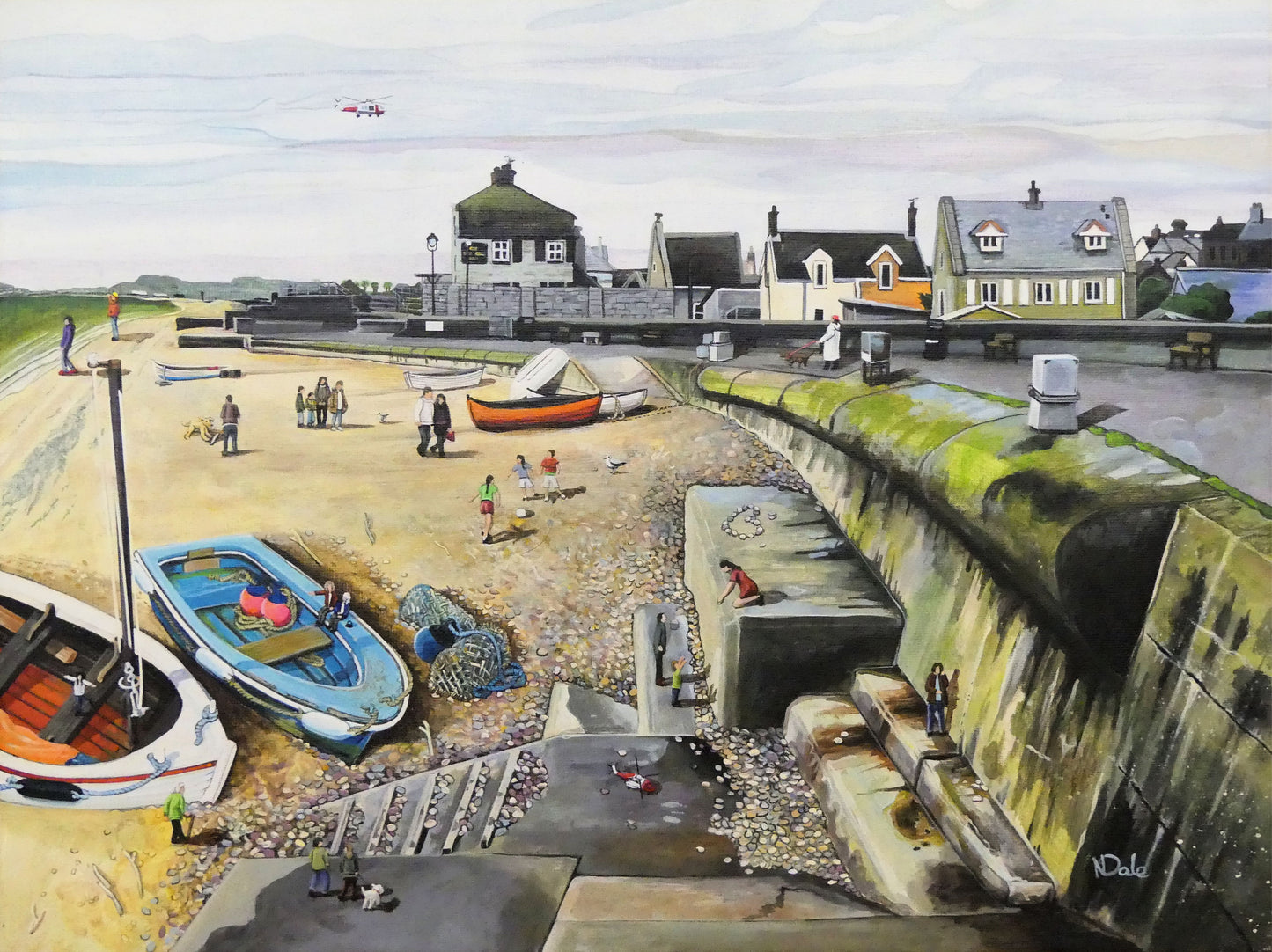 Photo of the original painting 'Chesil Cove - Keeping Portland Weird' by Nick Dale. The scene depicts the end of Chesil Beach where it meets Portland at Chesil Cove. Like Portland in the USA, Portland, Dorset is famous for its unique character. In the painting the size of the people is not affected by their distance from the foreground, hence making their appearance slightly surreal. 