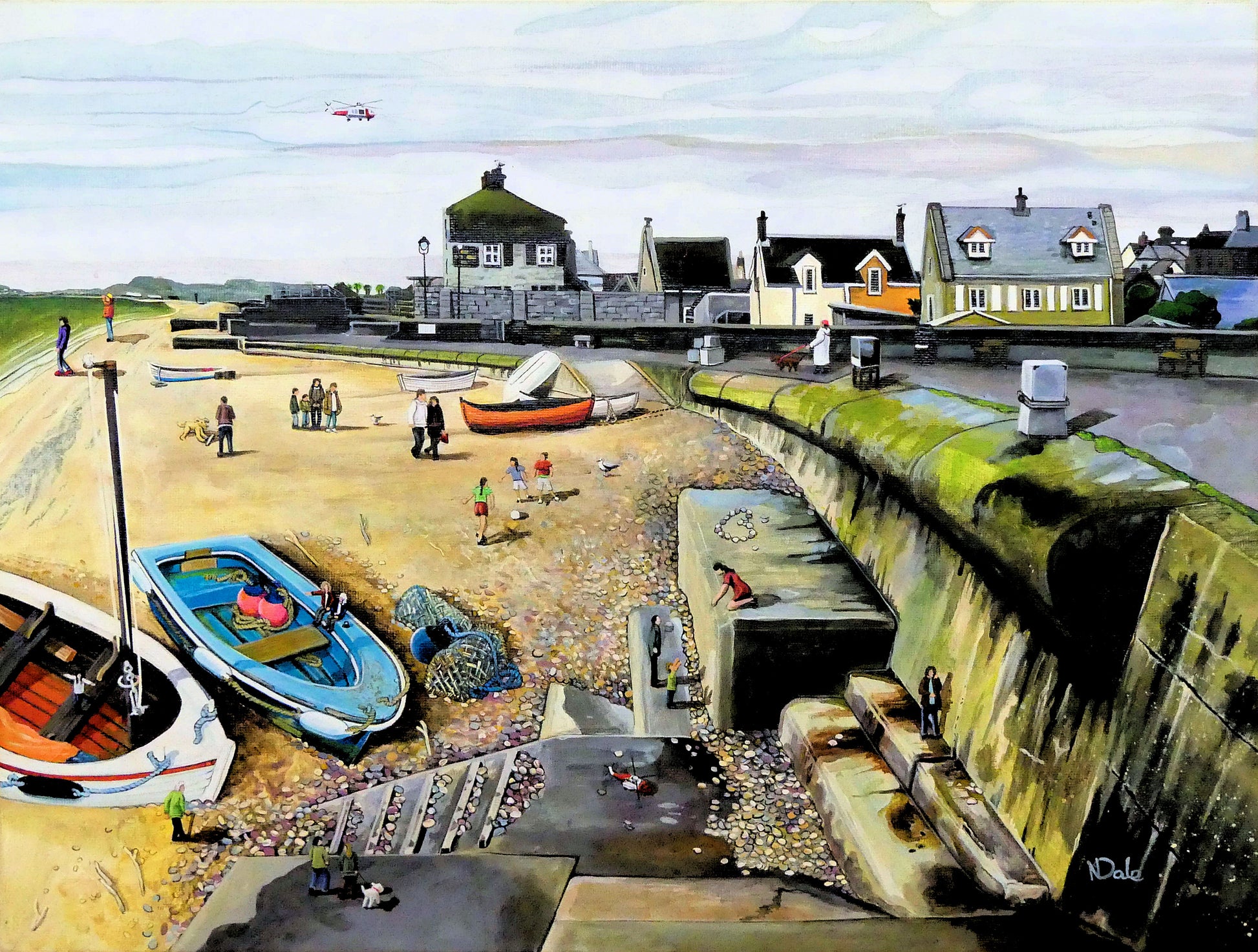 Image of a Small Art Print featuring a copy of the painting 'Chesil Cove - Keeping Portland Weird' by Nick Dale. The print depicts the end of Chesil Beach where it meets Portland at Chesil Cove. In the scene the size of the people is not affected by their distance from the foreground, hence making their appearance slightly surreal. 