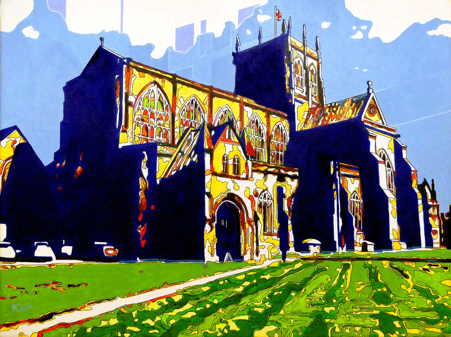 Image of a Medium Art Print featuring a copy of the painting 'Sherborne Abbey Radiant' by Nick Dale. The print depicts Sherborne Abbey in bright primary colours with strong shadows and a brightly lit south-facing aspect.