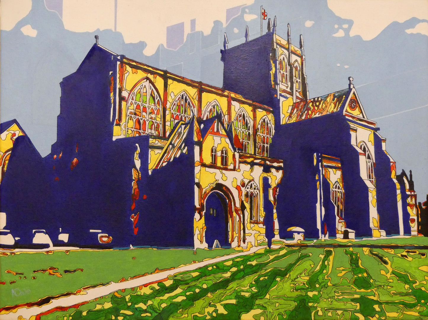 Photo of the original painting 'Sherborne Abbey Radiant' by Nick Dale. The painting depicts Sherborne Abbey in bright primary colours with strong shadows and a brightly lit south-facing aspect.