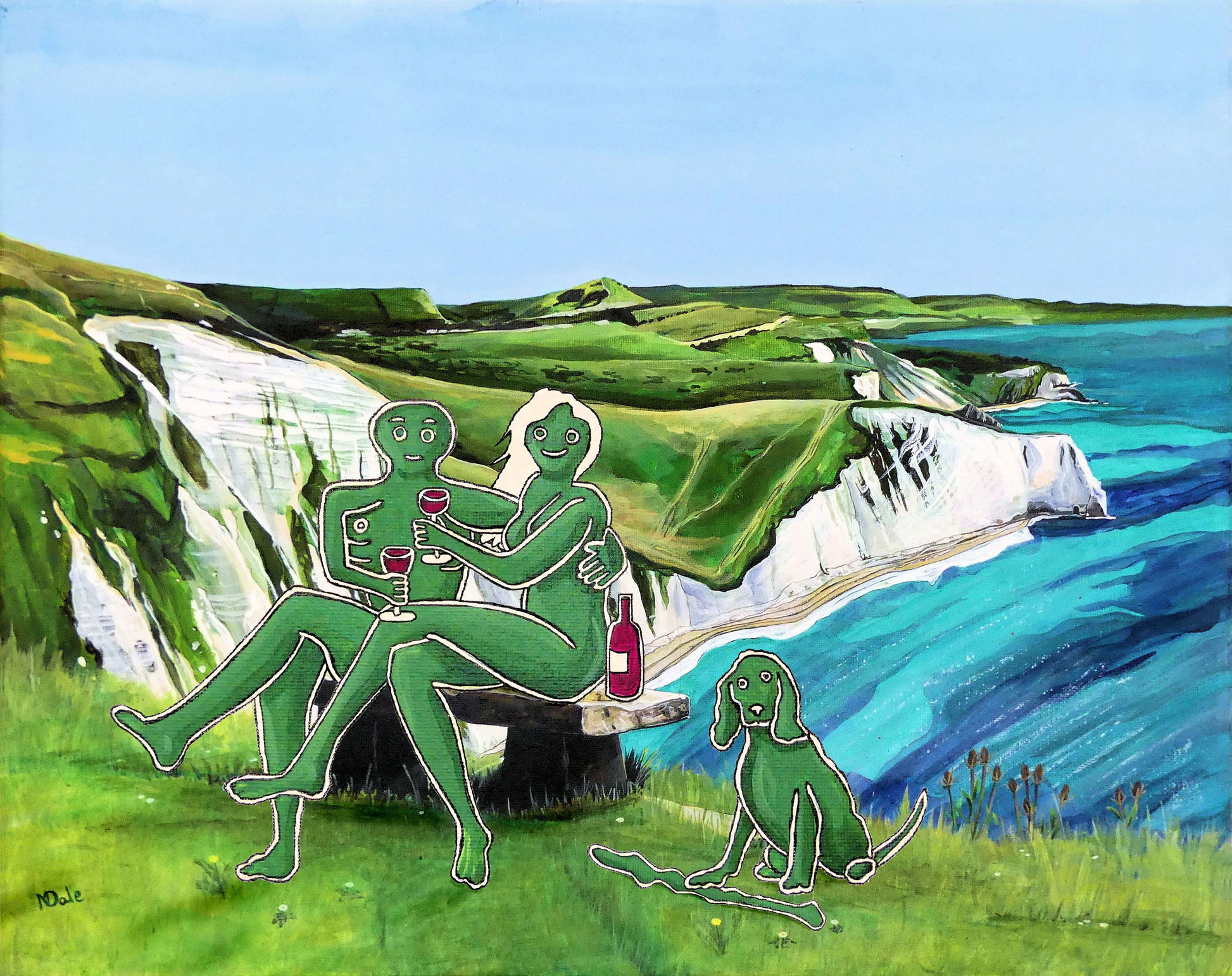 Image of a Medium Art Print featuring a copy of the composite painting 'Mr & Mrs Cerne Abbas Giant's Picnic At White Nothe' by Nick Dale. The print depicts Mr & Mrs Cerne Abbas Giant having a merlot picnic whilst on a date along the Dorset coast at the White Nothe, east of Weymouth. They are joined on the date by their cocker spaniel dog.