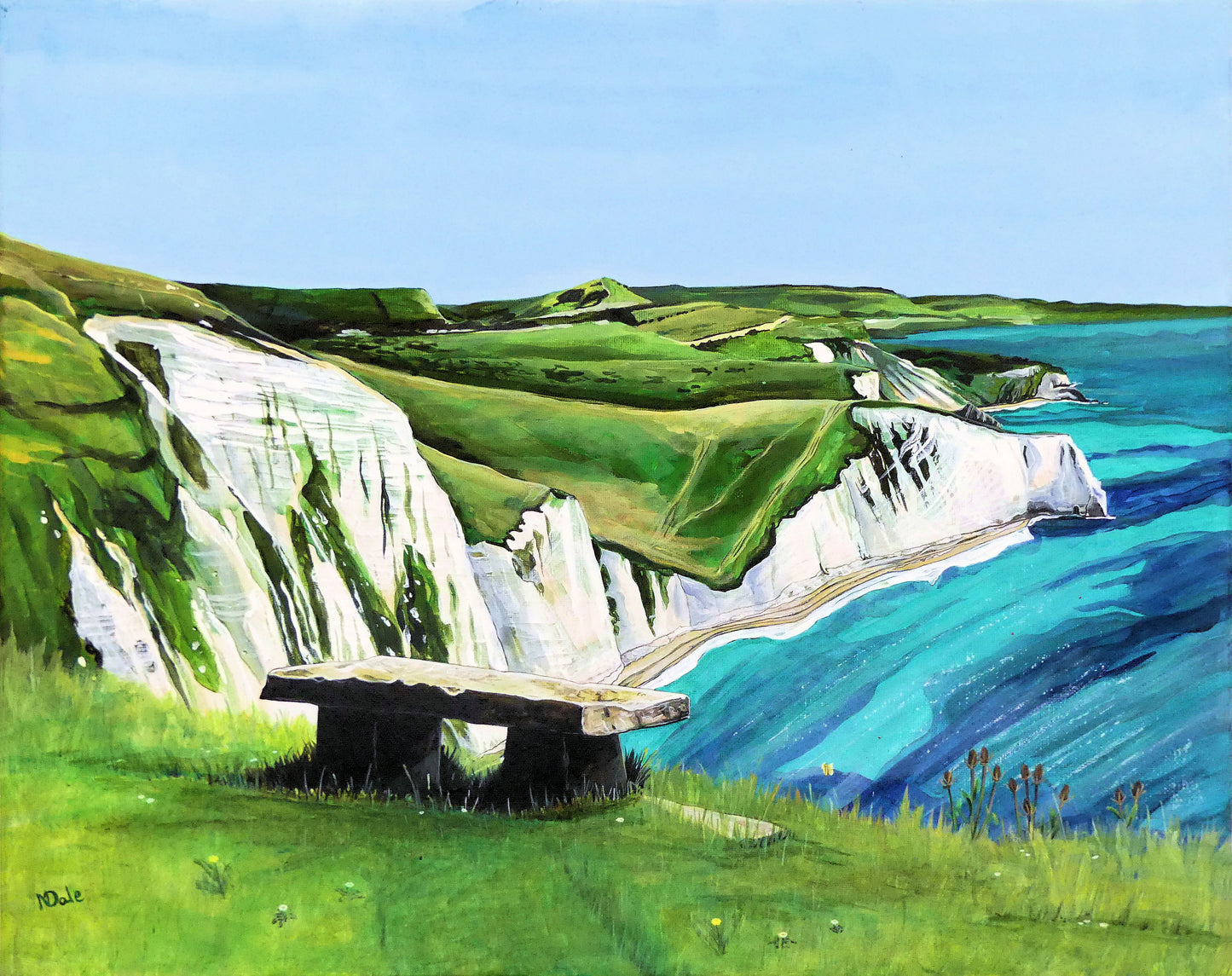 Image of the original painting 'White Nothe, SW Coast Path' by Nick Dale. The painting depicts a view along the Jurassic Coast from the White Nothe chalk headland east of Ringstead Bay. The view looks east over Bat's Head, Swyre Head and Durdle Door to St Oswald's Bay & beyond.