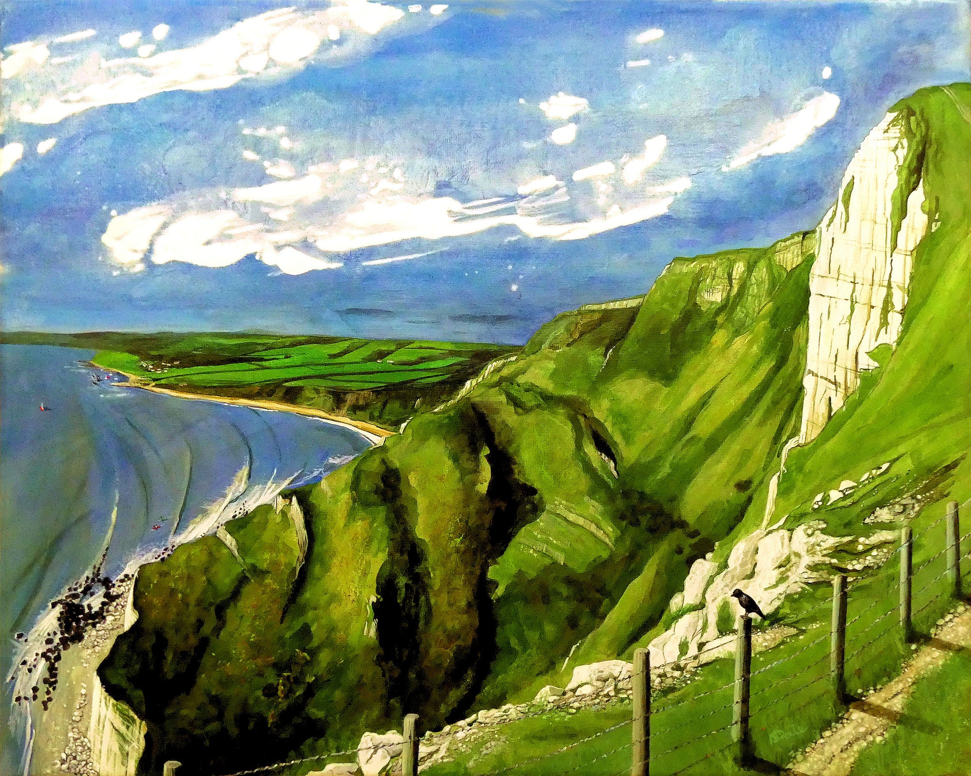 Image of the original painting 'Ringstead Bay From The White Nothe' by Nick Dale. The painting depicts a view along the Jurassic Coast from the White Nothe chalk headland east of Ringstead Bay. The view looks west over the bay to the village of Ringstead & beyond.