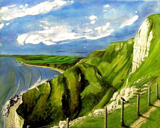 Image of the original painting 'Ringstead Bay From The White Nothe' by Nick Dale. The painting depicts a view along the Jurassic Coast from the White Nothe chalk headland east of Ringstead Bay. The view looks west over the bay to the village of Ringstead & beyond.