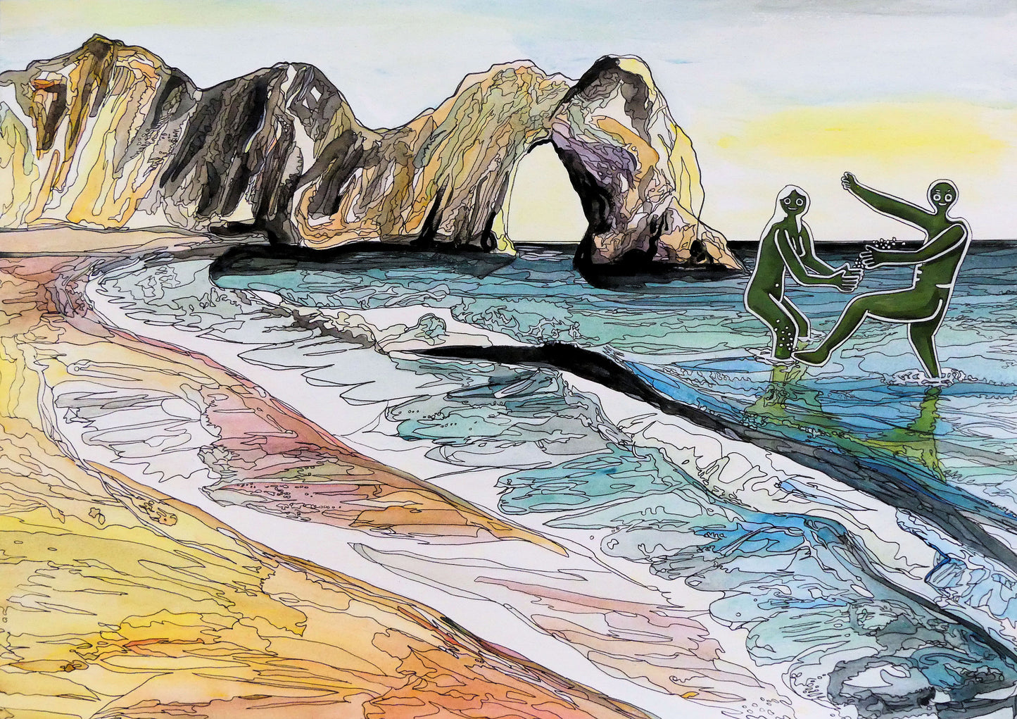 Image of a Small Art Print featuring a copy of the painting 'Mr & Mrs Cerne Abbas Giant Cavorting At Durdle Door' by Nick Dale. The scene imagines the future Mr & Mrs Cerne Abbas Giant's first date at Durdle Door; where they cavort in the water in front of the famous Dorset landmark. 