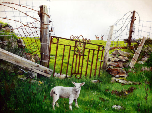 Image of the original painting 'The Gate' by Nick Dale, used to illustrate the Gift Card tab on the website. The scene depicts an ornamental garden gate reused by a farmer somewhere in North Devon, probably to the south of Valley of Rocks, Lynton. The animals depicted are all based on animals observed on Lundy Island, Devon.