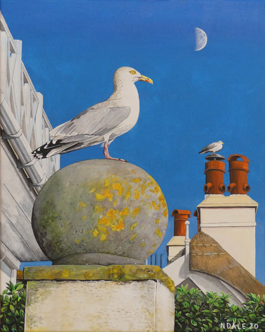 Image of the original painting 'A View Of The Sea At Lyme Regis' by Nick Dale. The painting depicts a gull and buildings along Marine Parade, Lyme Regis.