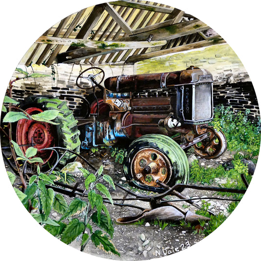 Image of the original painting 'A Well Deserved Rest At Tyneham' by Nick Dale. The painting depicts a Fordson Major tractor laid up in a farm building at the abandoned village of Tyneham in Dorset.