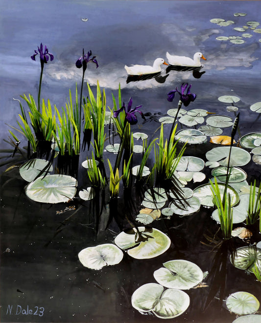 Image of the original painting 'Dark Waters' by Nick Dale. The painting depicts lily pads, irises and ducks on a pond at Knightshayes Court, Devon.