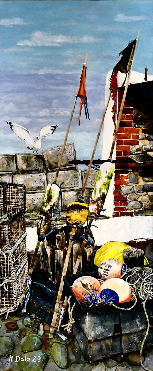 Image of the original painting 'Detritus, Both Epipelagic & Benthic' by Nick Dale. The painting depicts fishing equipment on the Cobb, Lyme Regis, Dorset. The painting's title refers to the upper and bottom zones of the water column of the sea and the fouling that has built up on the fishing equipment.