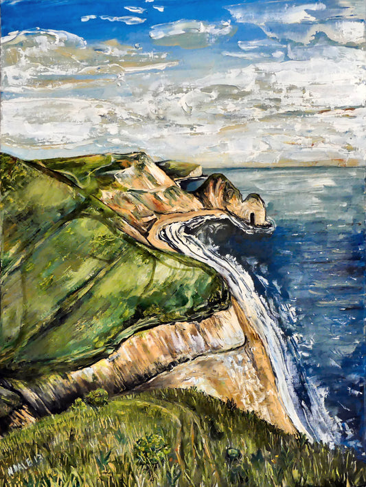 Image of the original painting 'Durdle Door From The West' by Nick Dale. The painting depicts a view along the Jurassic Coast to the famous Dorset limestone arch landmark, as seen from the coastal path to the west.