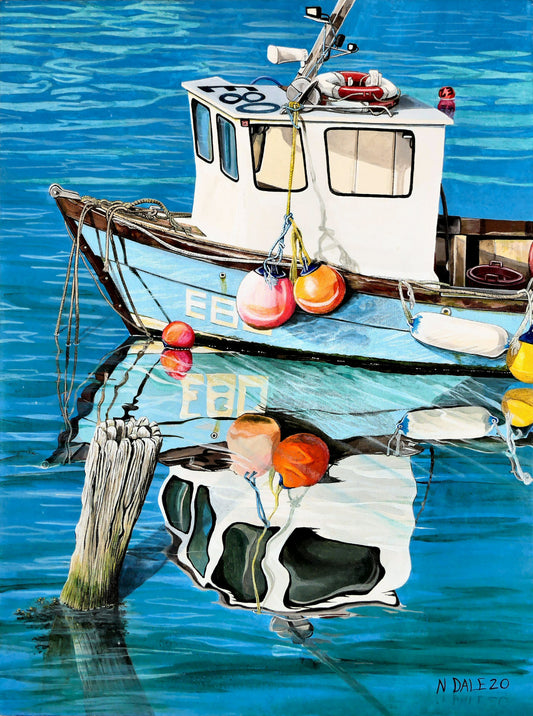 Image of the original painting 'God's Own 99 Flake Pierces The Veil' by Nick Dale. The painting depicts a fishing boat at rest within the harbour of Lyme Regis, Dorset. The title is based on the similarity of the wooden pile to a chocolate flake as inserted into an ice cream cone. This seemed appropriate given the draw of the town to tourists.