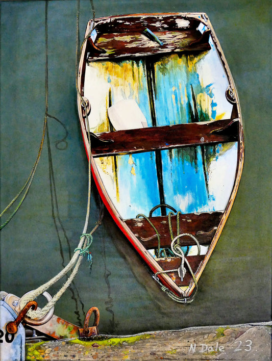 Image of the original painting 'Good Intentions at Lyme Regis' by Nick Dale. The painting depicts a small wooden rowing boat tied up in Lyme Regis harbour, Dorset.