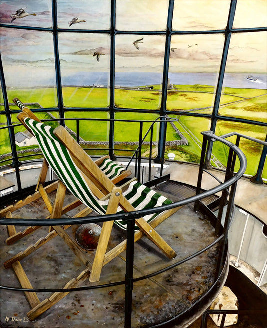 Image of the original painting 'Let's Be Together Alone' by Nick Dale. The painting depicts the view from the lantern room of the Old Light lighthouse on Beacon Hill, on the island of Lundy, Devon.