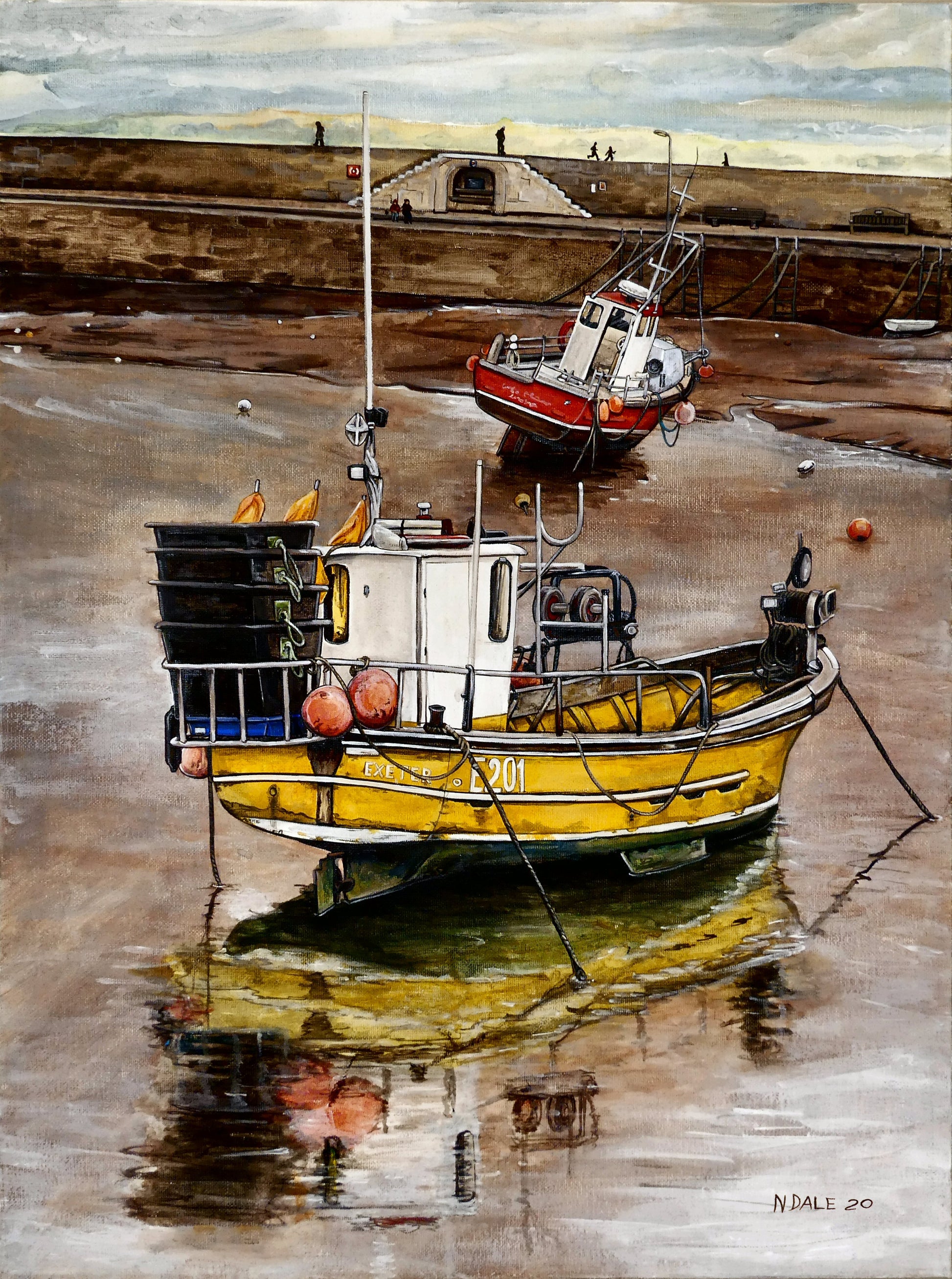 Image of the original painting 'Lyme Regis at Low Tide' by Nick Dale. The painting depicts a sunset where the fishing vessels rest on the floor of Lyme Regis harbour whilst the tourists enjoy the view from the Cobb.