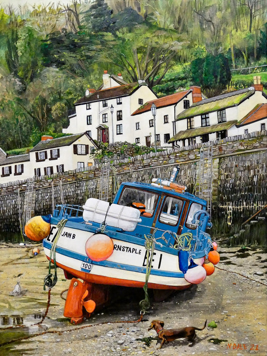 Image of the original painting 'Lynmouth At Lowest Tide' by Nick Dale. The painting depicts an unusual perspective on the picturesque harbour of Lynmouth (Devon), as seen from the floor of the harbour at low tide. Behind the fishing boat can be seen the characterful harbourside buildings.