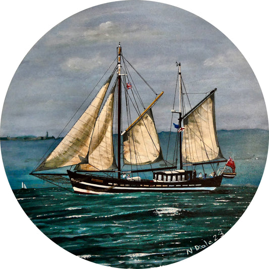 Image of the original painting 'Moonfleet Sailing Past Portland' by Nick Dale. The painting depicts the tall ship Moonfleet sailing past the western coast of Portland, Dorset. As observed from Ringstead Beach.
