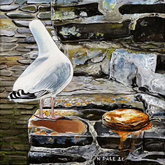 Image of the original painting 'Peek-A-Boo At Lynmouth Harbour' by Nick Dale. The painting depicts a gull standing on the harbour at Lynmouth (Devon) that has the fear of missing out. What caught its eye? I do not know but the scene appealed to me.