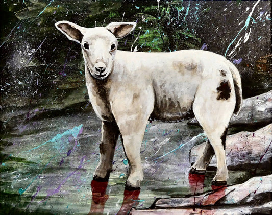 Image of the original painting 'The Lamb of Lundy' by Nick Dale. The painting depicts a close-up study of a lamb observed on the island of Lundy, Devon.