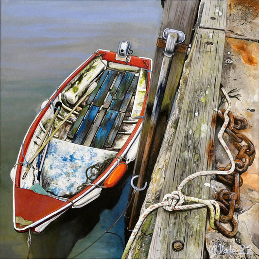 Image of the original painting 'The Obvious Metaphor Of Lyme Regis' by Nick Dale. The painting depicts a somewhat unkempt rowing boat aside the Cobb at Lyme Regis.&nbsp;