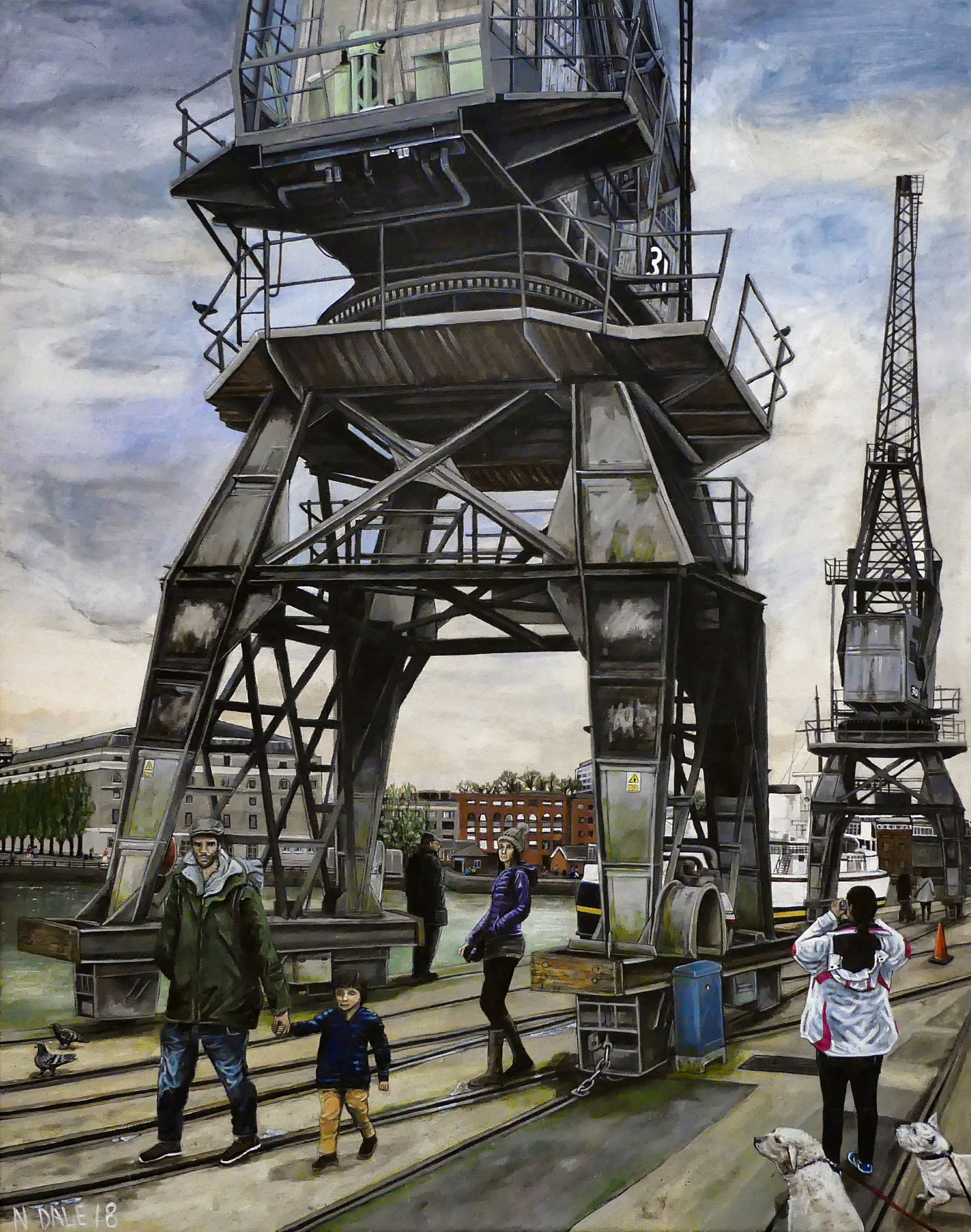 Image of the original painting 'The Sentinels' by Nick Dale. The painting depicts the iconic tower cranes of Bristol Docks and the classic ship MV Balmoral beyond them.