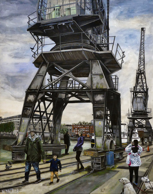 Image of the original painting 'The Sentinels' by Nick Dale. The painting depicts the iconic tower cranes of Bristol Docks and the classic ship MV Balmoral beyond them.
