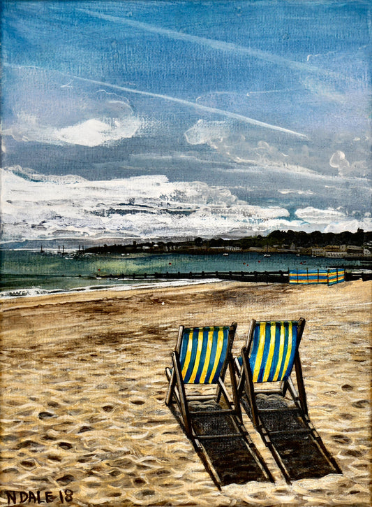 Image of the original painting 'Two Deck Chairs On Swanage Beach' by Nick Dale. The painting depicts  two deck chairs overlooking the calm water from Swanage Beach (Dorset) towards Peveril Point.