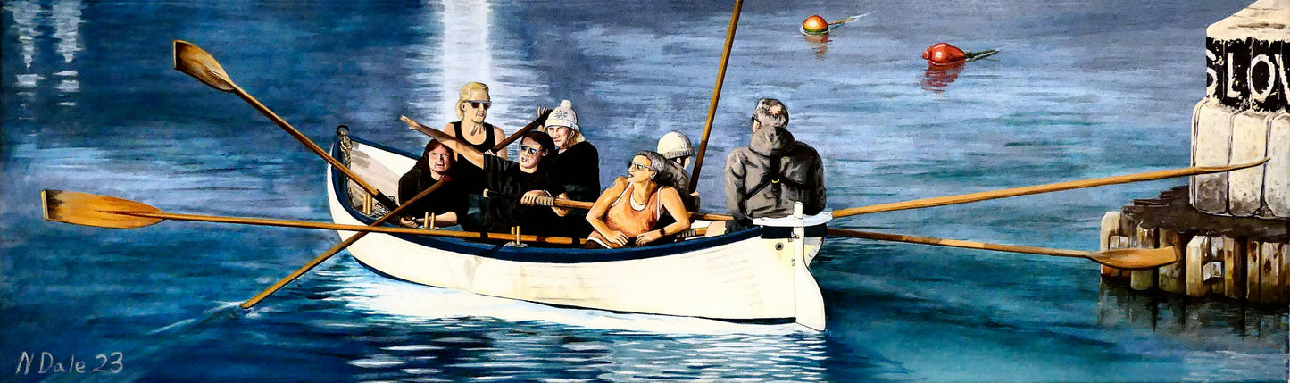 Image of the original painting 'The Return to Base at Lyme Regis' by Nick Dale. The painting depicts the crew of a gig rowing boat returning to Lyme Regis Harbour to take a well-earned rest.