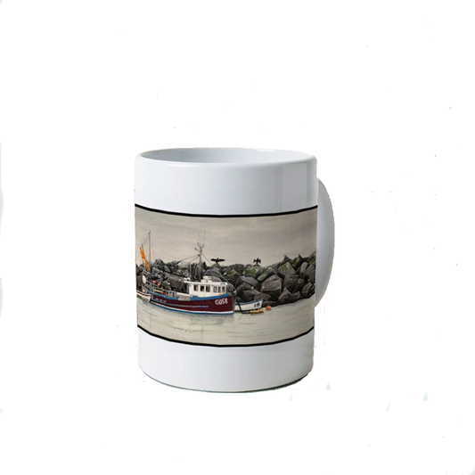 Image of a White Mug featuring a copy of the painting 'End Of The Line' by Nick Dale. The mug depicts a scene where, as the fisherman prepares his catch for unloading at Lyme Regis, the birds line up on the breakwater and patiently await their turn to feed.
