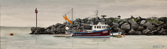 Image of the original painting 'End Of The Line' by Nick Dale. The painting depicts a scene where, as the fisherman prepares his catch for unloading at Lyme Regis, the birds line up on the breakwater and patiently await their turn to feed.