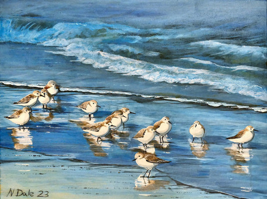 Image of the original painting 'Studland Misty Morning' by Nick Dale. The painting depicts Dunlins on Studland Beach (Dorset) on a crisp and misty winter morning.