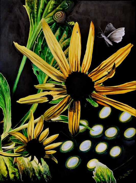 Image of the original painting 'The Crimes Of Heliogabalus' by Nick Dale. The painting depicts the crimes of Sextus Varius Avitus Bassianus (AKA Marcus Aurelius Antoninus, AKA Elagabalus, AKA Heliogabalus) as depicted as the damage done by a snail to some flowers