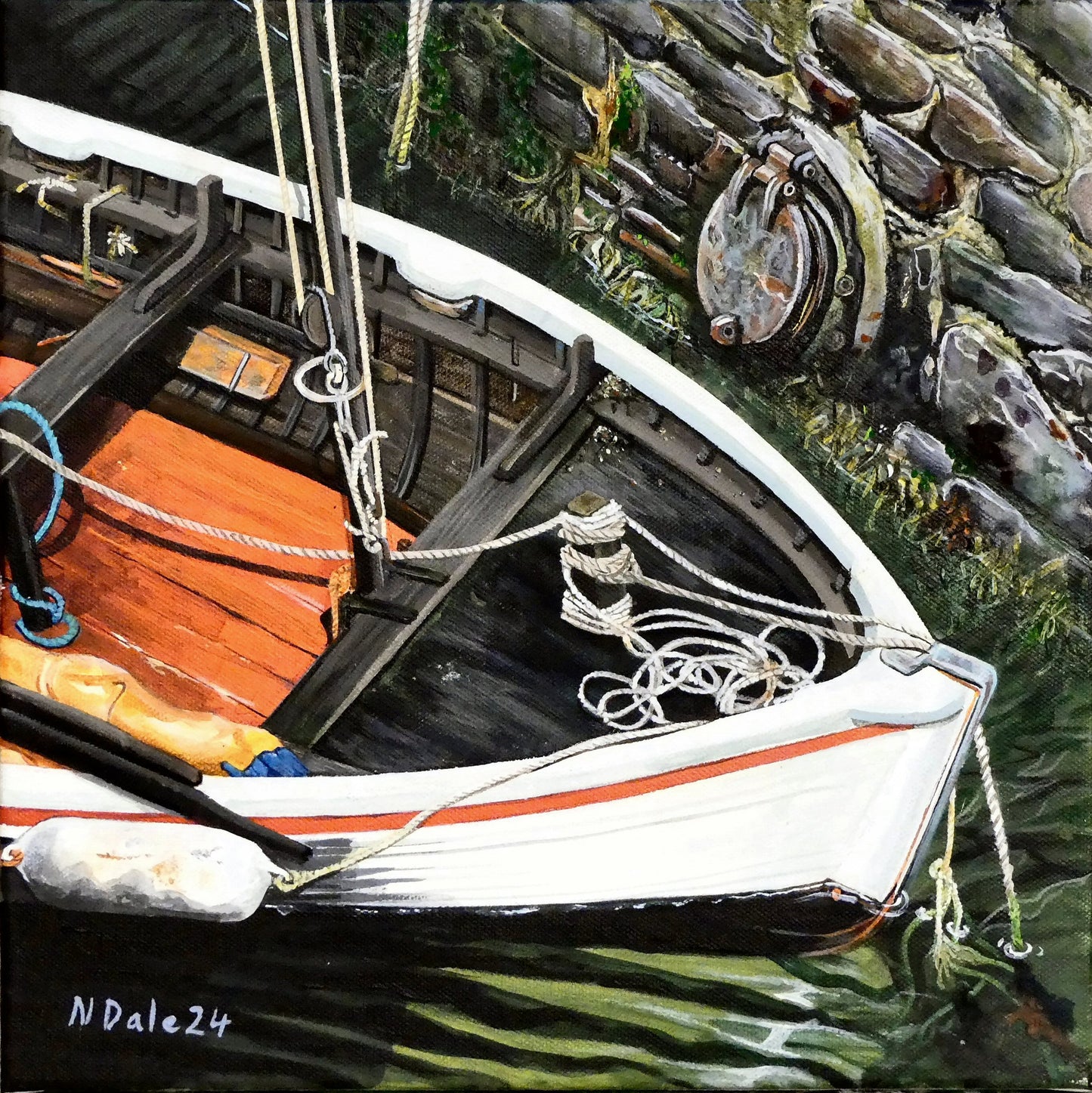 "Image of the original painting 'The Outlet' by Nick Dale. The scene depicts a view down into the harbour at Lynmouth in North Devon showing a small sailing boat at rest against the harbour wall next to a water outfall pipe. "
