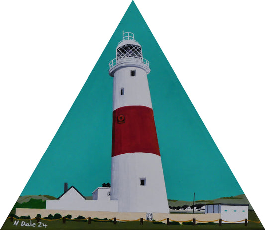 Image of the original painting 'Portland Bill Lighthouse Looking North' by Nick Dale. The painting depicts a view of Portland Bill Lighthouse as seen from the sea, looking north. The painting is in an unusual equilateral triangle format.