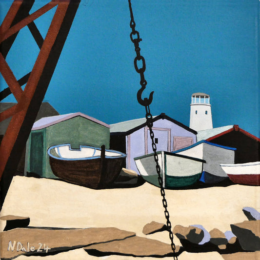 Image of the original painting: 'Old Lower Lighthouse, Portland' by Nick Dale. The painting depicts the view from the Red Crane at Portland Bill, across to the Old Lower Lighthouse over the beach huts and small boats next to the stone loading quay.