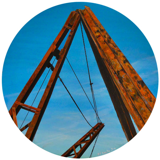 Image of the original painting 'Red Crane, Portland Bill' by Nick Dale. The painting depicts a close up detail of the Red Crane at Portland Bill in Dorset. The crane was erected to transfer quarried stones to boats at the loading quay.