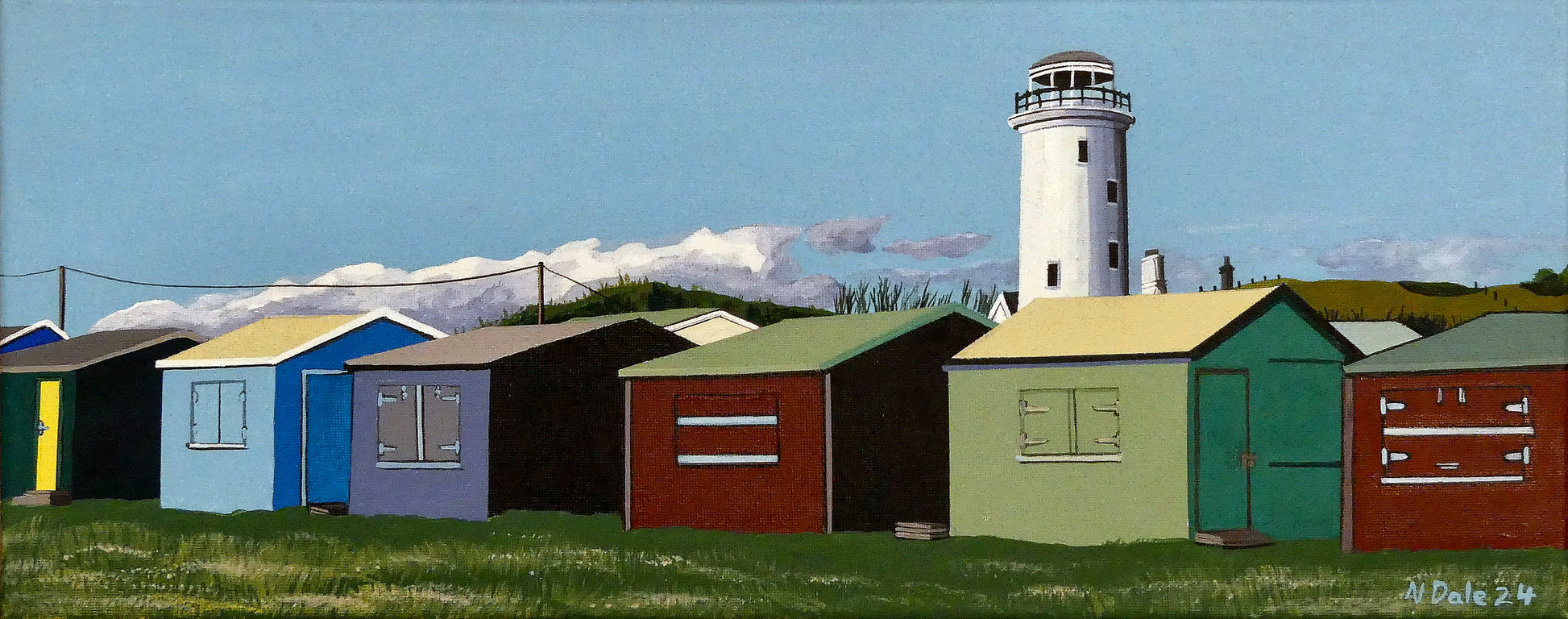Image of the original painting 'The Beach Hut Phalanx Of Portland Bill' by Nick Dale. The painting depicts a line of beach huts at Portland Bill, Dorset. The line forms one side of a grassy quad area on the famous Dorset promontory. The Old Lower Lighthouse can be seen standing over them. 