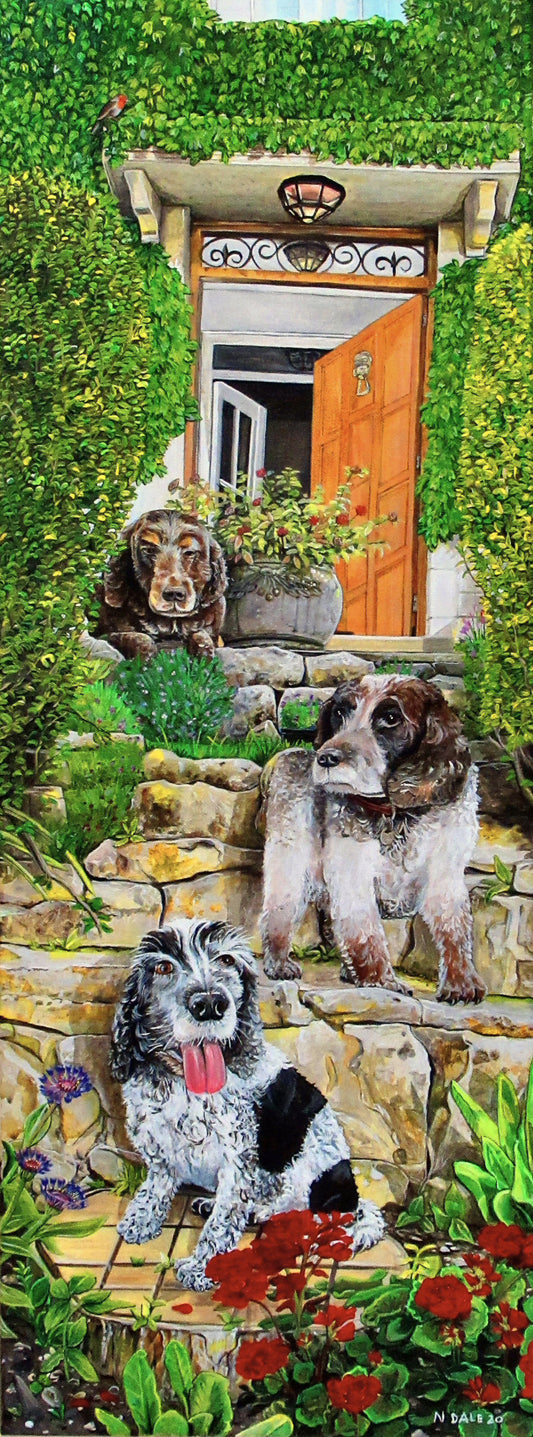 Image of the original painting 'Steadfast like Portland' by Nick Dale. The painting depicts 3 dogs waiting on the steps of their Portland home for the return of their beloved owner.