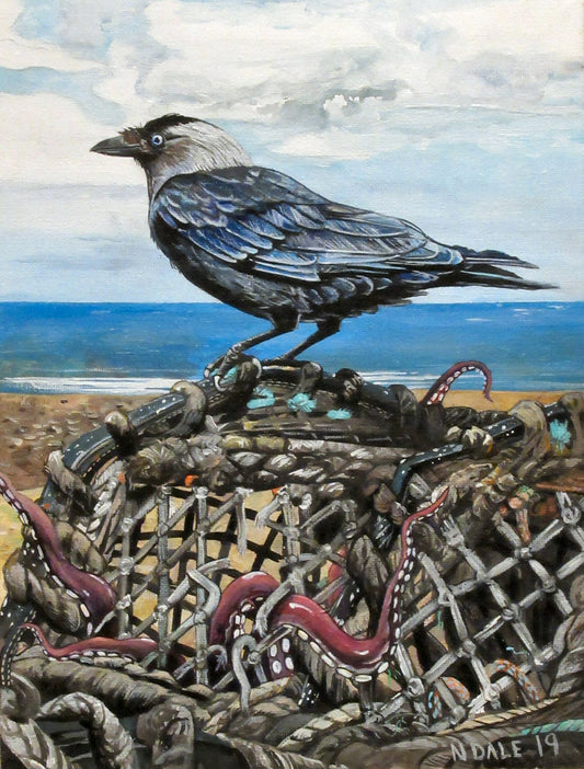 Image of the original painting 'Our Friend The Lobster' by Nick Dale. The painting depicts a Jackdaw perched on top of a lobster pot keeping watch whilst its accomplice, an octopus, sabotages the lobster pot in order to make sure their friend the lobster (not depicted) is ever captured. Based on a Jackdaw and lobster pot observed at Lynmouth in Devon. The sabotage scenario is merely a flight of fancy. The friendship of the 3 characters has since become a recurring theme in several paintings.  