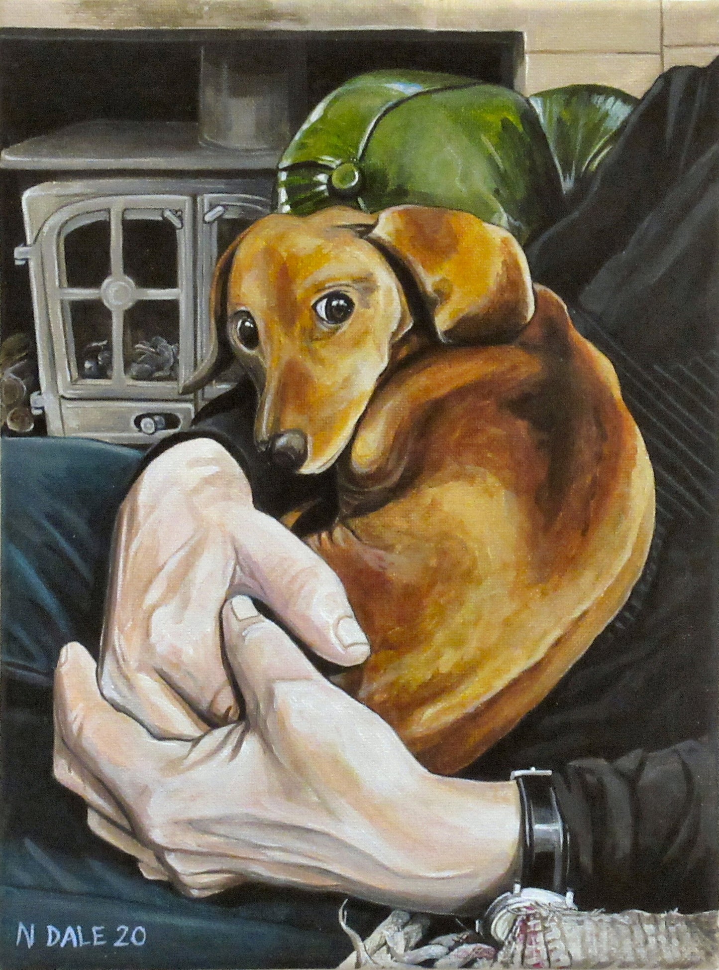 Image of the original painting 'The Amber Concordia' by Nick Dale. The painting depicts a small dog curled up in its beloved owner's lap in front of the fire at The Kings Arms Inn in Montacute in Somerset.  Curiously, the dog's eyes follow you around the room, making it seem more alive.