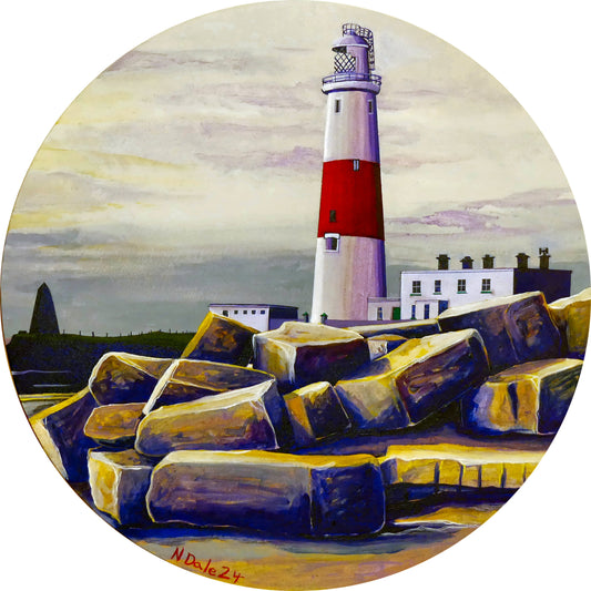 Image of the original painting 'Portland Bill Lighthouse Beyond The Rocks' by Nick Dale. The painting depicts an early evening view of Portland Bill Lighthouse across a pile of abandoned Portland Stone blocks near to the stone loading quay. Also visible is the Trinity House Obelisk daymark.