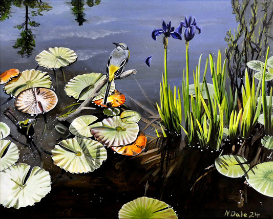 Image of the original painting 'Yellow Wagtail At Rest' by Nick Dale. The painting depicts a yellow wagtail bird at rest, perched on top of a submerged stick above a pond. Whilst the yellow wagtail was observed at Athelhampton House in Dorset the pond's vegetation is more closely based on a pond at Knightshayes Court in Devon.