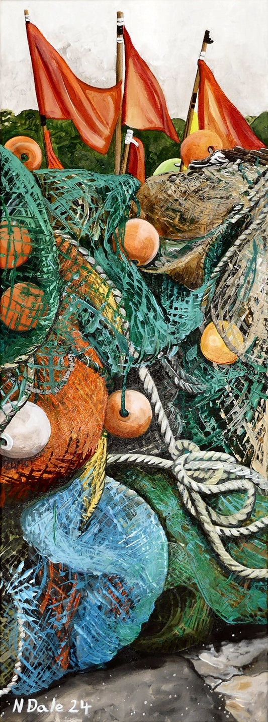 Image of the original painting 'Less Is More' by Nick Dale. The painting depicts part of the pile of fishing equipment stored along the edge of the Cobb in Lyme Regis. Due to the large scale of the stored equipment very little of Lyme Regis is actually visible beyond it. 