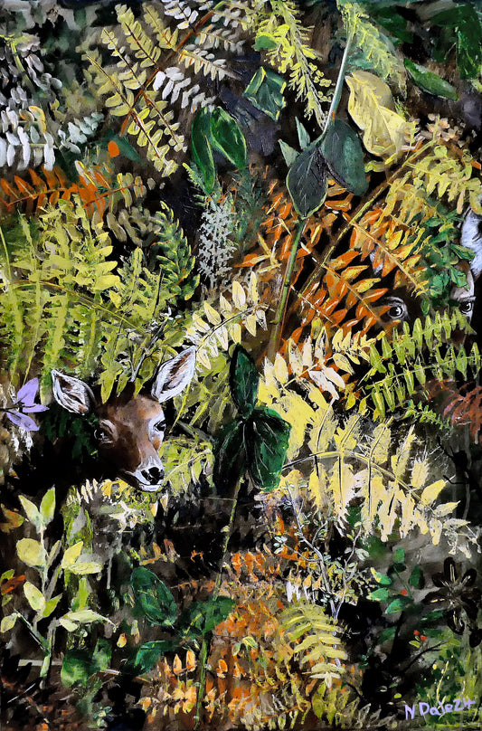 Image of the original painting 'Doe And Fawn' by Nick Dale. The painting depicts a Row Deer doe and fawn hiding in the dense undergrowth with only their heads visible. 
