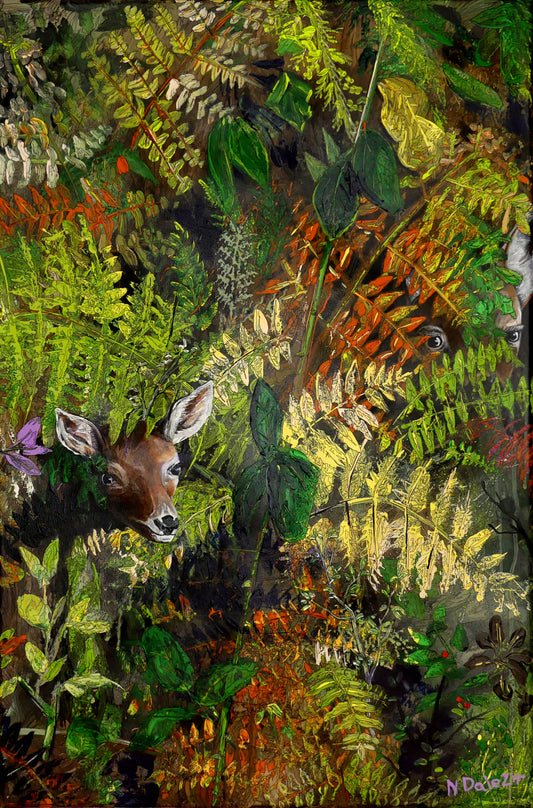 Image of the original painting 'Doe And Fawn' by Nick Dale. The painting depicts a Row Deer doe and fawn hiding in the dense undergrowth with only their heads visible. 