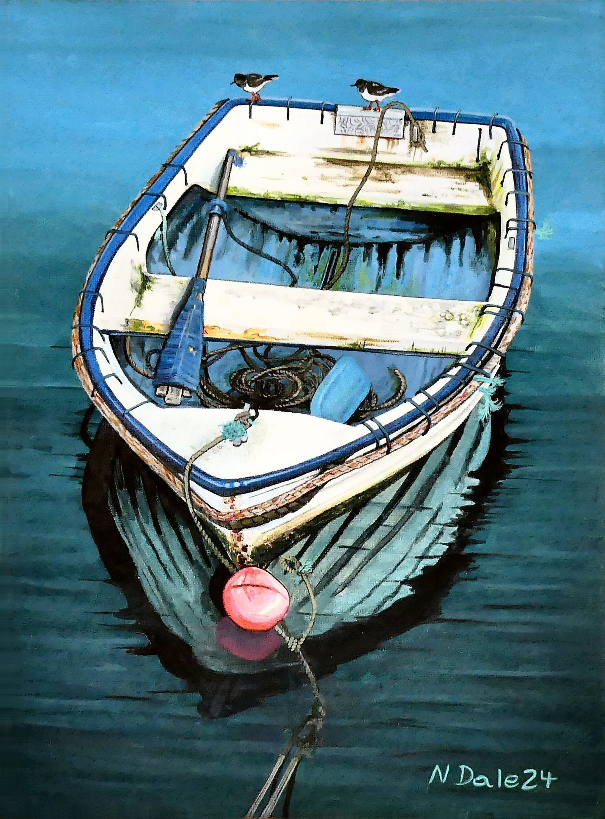 Image of the original painting 'Chase Me' by Nick Dale. The painting depicts a small, somewhat neglected, rowing boat in the harbour at Lyme Regis. The title is in reference to the 2 small birds chasing each other around the edge of the boat.
