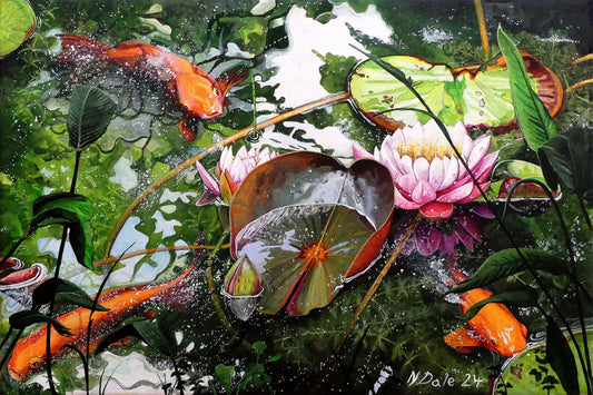 Image of the original painting 'Don't Be Coy' by Nick Dale. The painting depicts 3 koi carp along with water lilies and their flowers. The painting is based on fish and lilies observed at Bennetts Water Gardens in Weymouth, Dorset. The title is a play on the homophones 'Coy' and 'Koi'.